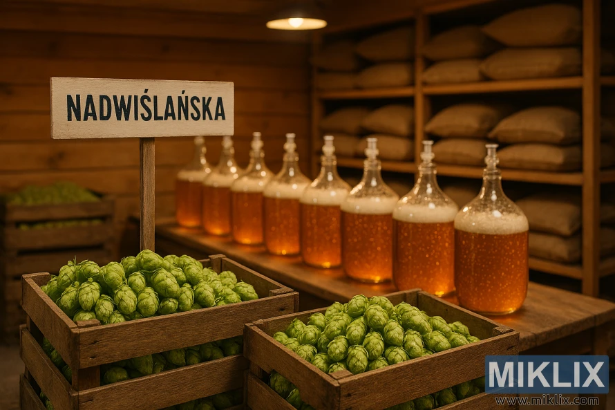 Rustic hop storage facility with Nadwiślańska hops in crates, glass carboys of beer, and shelves of dried hops.