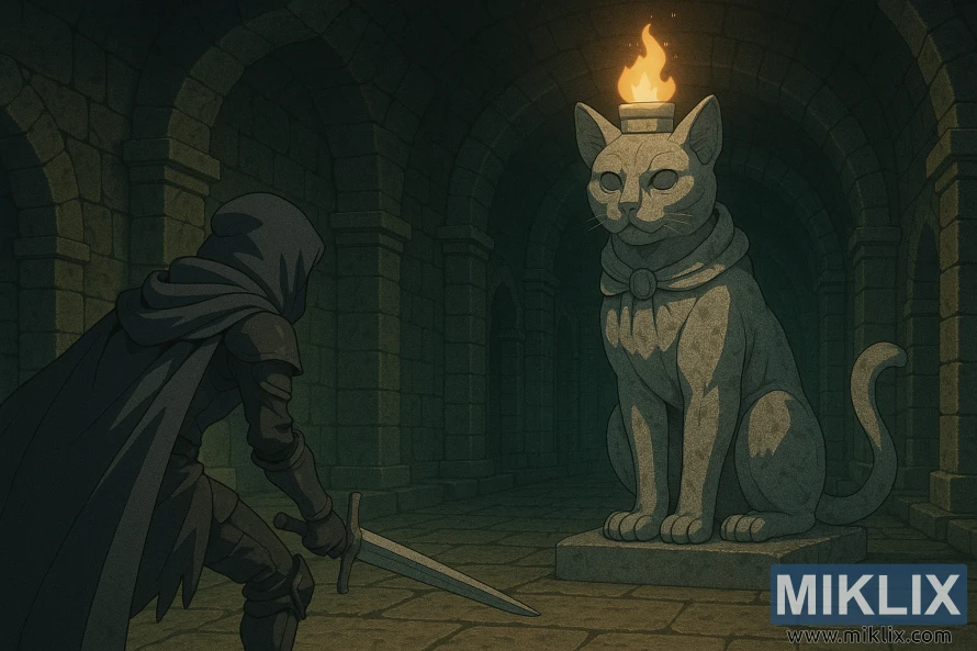 Anime-style Elden Ring fan art showing the Tarnished in Black Knife armor facing a seated stone cat Erdtree Burial Watchdog in a dark catacomb.
