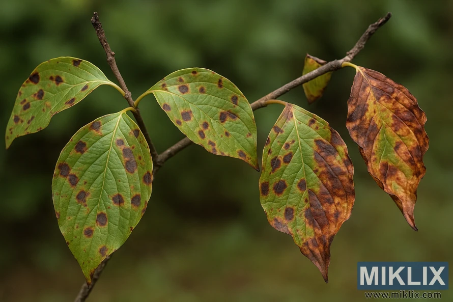 Primer pla de fulles de cornejo que mostren símptomes d'antracnosi amb taques foliars de color marró fosc i mort de branquetes.