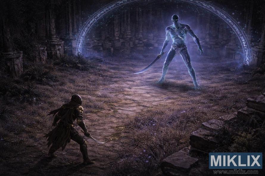 Isometrisch kunstwerk in fantasystijl van Elden Ring, waarop de Tarnished van boven en van achteren te zien zijn, oog in oog met een torenhoge Onyx Lord in de Royal Grave Evergaol, vlak voor de strijd.