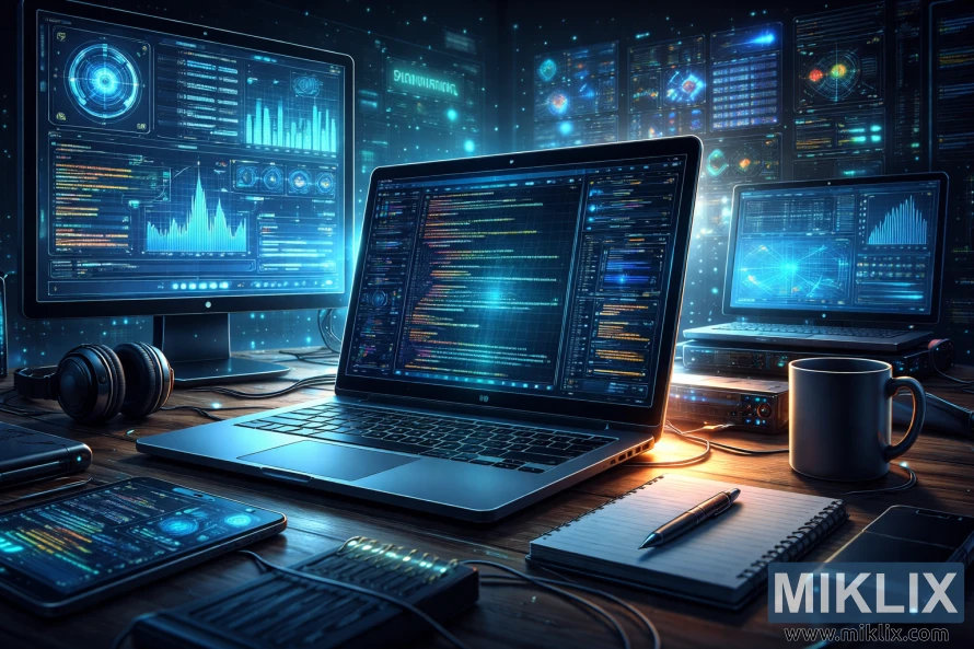 Modern IT workspace with laptop and multiple monitors displaying code, data dashboards, and technical system interfaces Modern IT workspace with laptop and multiple monitors displaying code, data dashboards, and technical system interfaces