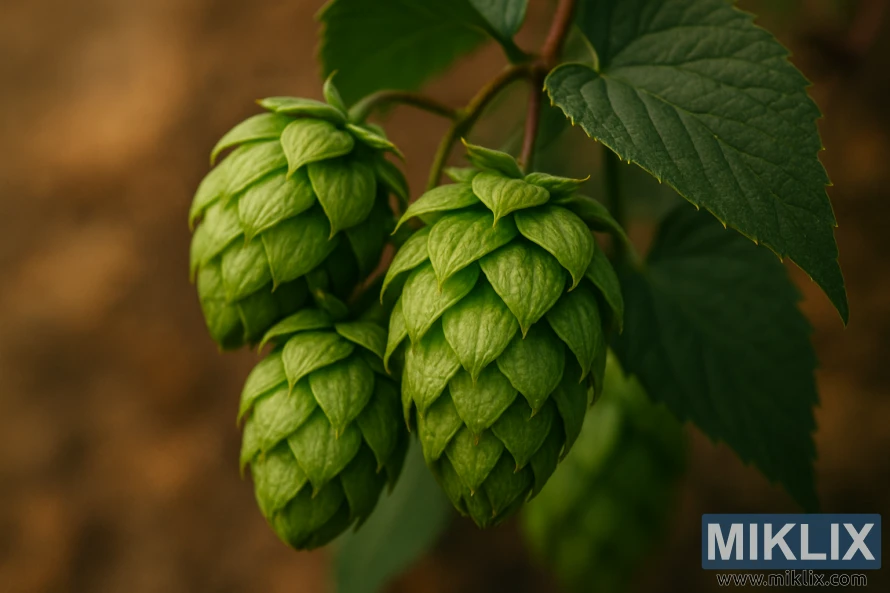 लालसर डब्यांवर लटकलेल्या कॅनेडियन रेडवाईन हॉप शंकूचा क्लोज-अप. लालसर डब्यांवर लटकलेल्या कॅनेडियन रेडवाईन हॉप शंकूचा क्लोज-अप.