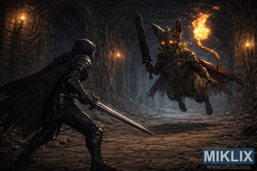 ક્લિફબોટમ કેટાકોમ્બ્સની અંદર ચમકતી આંખો અને જ્વલંત પૂંછડી સાથે, નજીકના, તરતા એર્ડટ્રી બ્યુરિયલ વોચડોગ સામે તલવાર ચલાવતા ટાર્નિશ્ડનું ઘેરા કાલ્પનિક દ્રશ્ય.