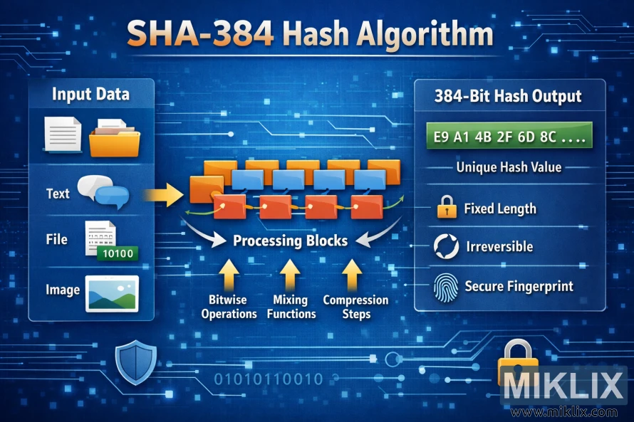 Infographic showing how different input data types are processed through SHA-384 blocks to produce a fixed-length 384-bit hash output.