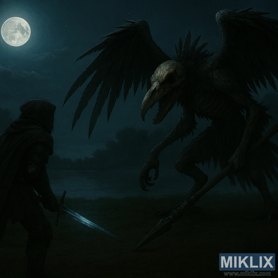 ചന്ദ്രപ്രകാശത്തിൽ ജീർണിച്ചുകൊണ്ടിരിക്കുന്ന അസ്ഥികൂടമായ ഡെത്ത്ബേർഡിനെ നേരിടുന്ന ടാർണിഷ്ഡ് ഇൻ ബ്ലാക്ക് നൈഫ് കവചത്തിന്റെ ഇരുണ്ട ഫാന്റസി ഫാൻ ആർട്ട്.