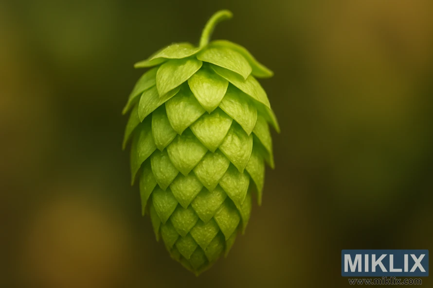 Didelės raiškos žalio Celeia apynių spurgo stambus planas su švelniu, šiltu apšvietimu ir neryškiu fonu.