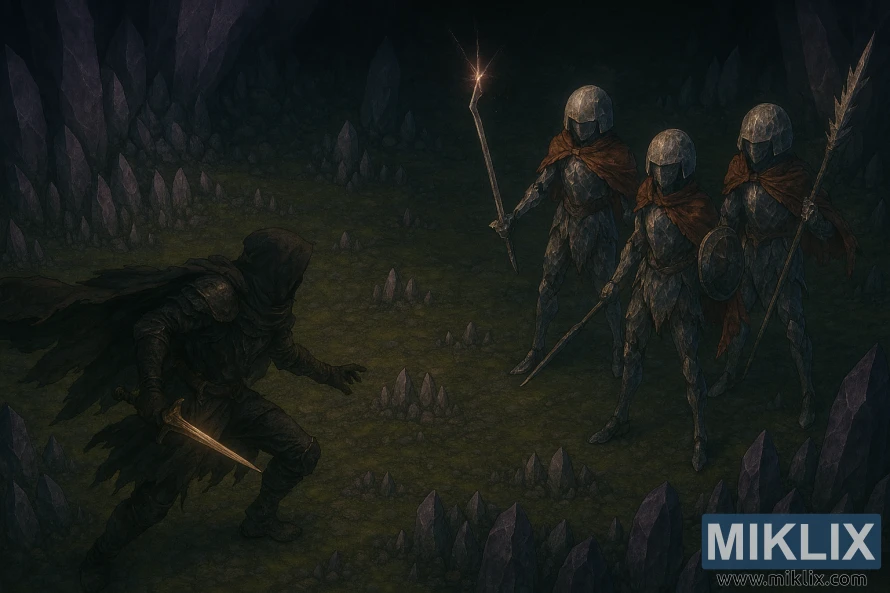 Anime-stil fan art of the Tarnished bori tri Truli Kristalians u sjajnoj kristalnoj pećini Anime-stil fan art of the Tarnished bori tri Truli Kristalians u sjajnoj kristalnoj pećini