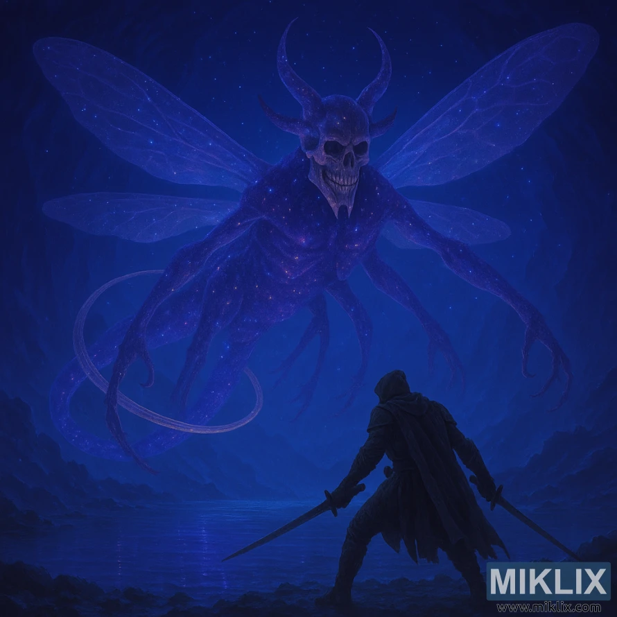 A translucent celestial insect-like creature with a horned skull and star-filled body hovering over a Tarnished warrior in a blue and purple cavern. A translucent celestial insect-like creature with a horned skull and star-filled body hovering over a Tarnished warrior in a blue and purple cavern.