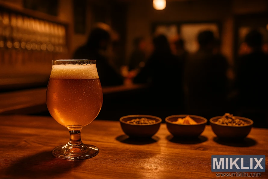 Golden Belgian beer on a wooden bar with aromatic ingredients and shadowy patrons in a cozy taproom Golden Belgian beer on a wooden bar with aromatic ingredients and shadowy patrons in a cozy taproom