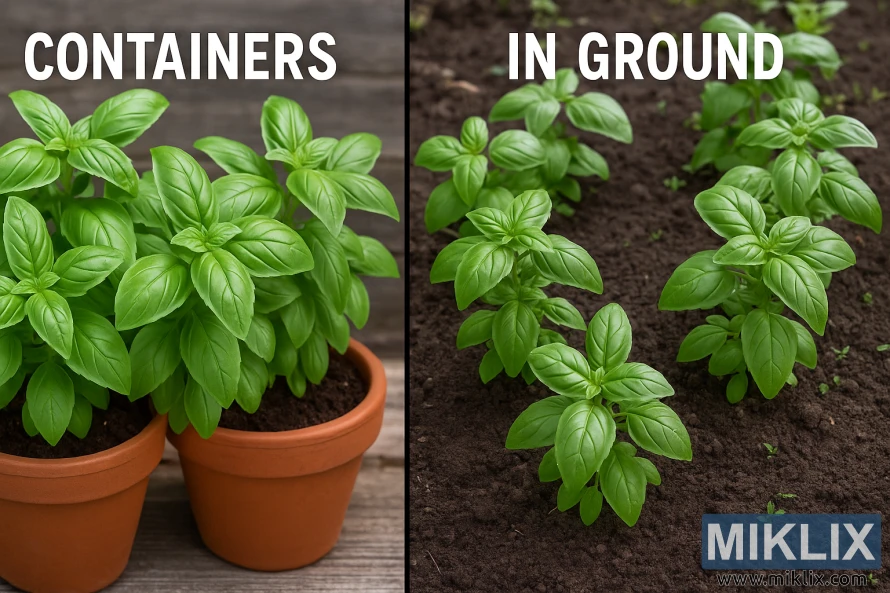 Sida vid sida-foto som jämför basilikaplantor odlade i terrakottakrukor och i en nedgrävd trädgårdsbädd. Sida vid sida-foto som jämför basilikaplantor odlade i terrakottakrukor och i en nedgrävd trädgårdsbädd.