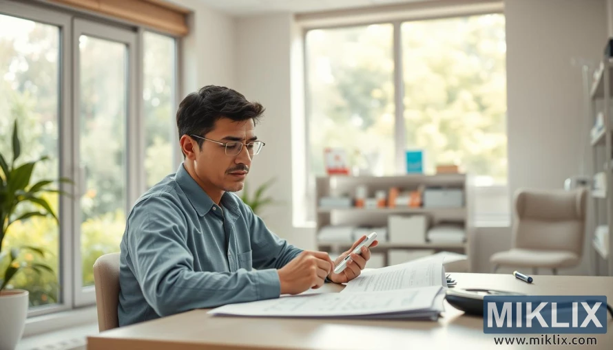 Taong nagsusuri ng glucose monitor at mga chart sa isang tahimik na silid ng ospital na may tanawin ng hardin. Taong nagsusuri ng glucose monitor at mga chart sa isang tahimik na silid ng ospital na may tanawin ng hardin.