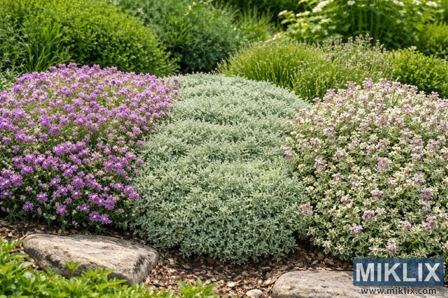 Creeping Thyme, Woolly Thyme, and Silver Thyme growing side by side in a well-kept herb garden on a bright summer day