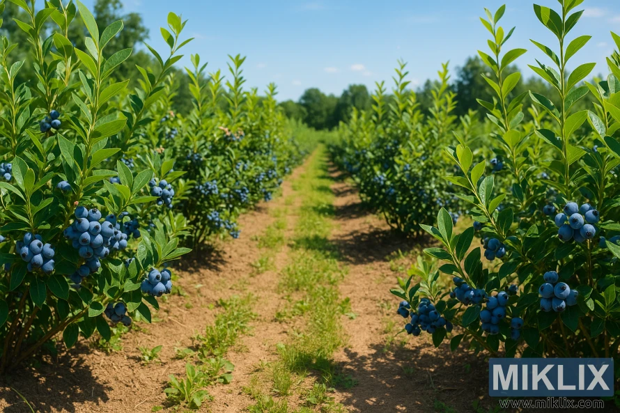Rows of healthy blueberry bushes growing in sunny, well-drained soil on a clear day.