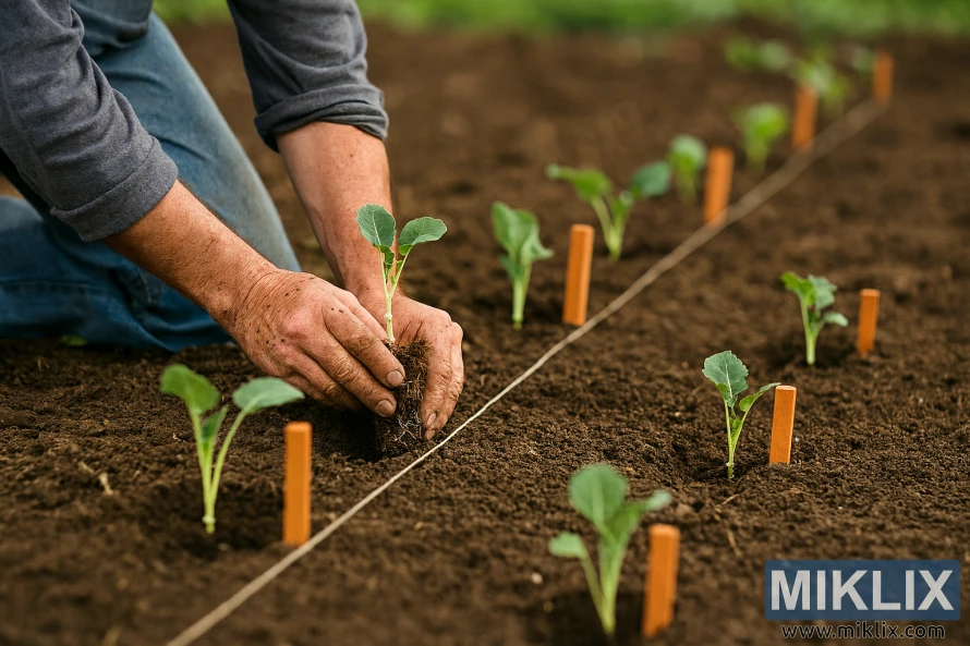 Gardener transplanting broccoli seedlings into a garden bed with orange spacing stakes and white string guides. Gardener transplanting broccoli seedlings into a garden bed with orange spacing stakes and white string guides.