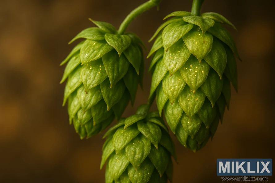 Nærbilde av grønne Centennial humlekegler med gylden lupulin mot en uskarp jordaktig bakgrunn under varmt lys.