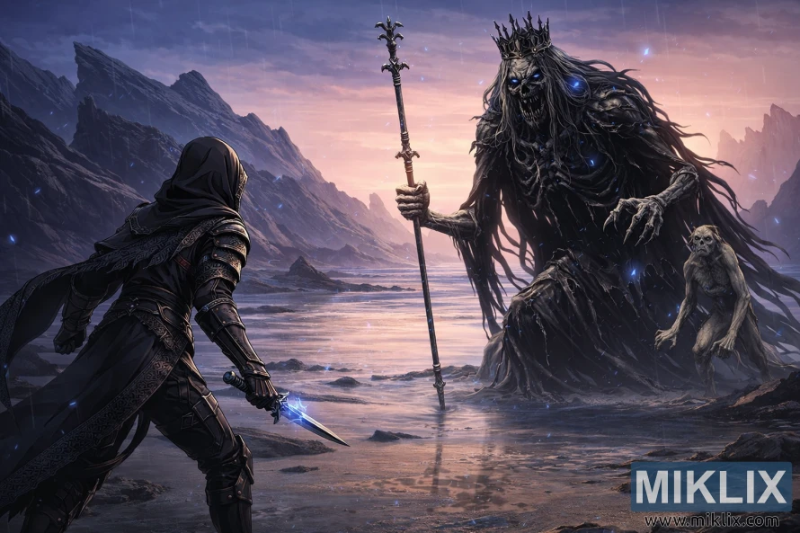 Anime-style fan art of the Tarnished in Black Knife armor facing Demi-Queen Marigga on the Cerulean Coast just before battle in Elden Ring: Shadow of the Erdtree. Anime-style fan art of the Tarnished in Black Knife armor facing Demi-Queen Marigga on the Cerulean Coast just before battle in Elden Ring: Shadow of the Erdtree.
