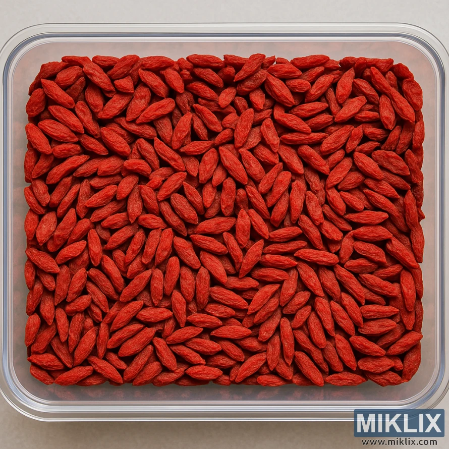A clear rectangular container filled with dried red goji berries viewed from above.