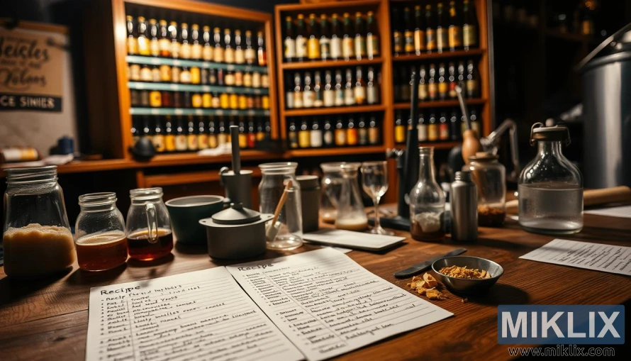 Trebord med oppskriftskort, bryggeverktøy og flasker i et dunkelt, varmt opplyst arbeidsområde fylt med bryggeutstyr.