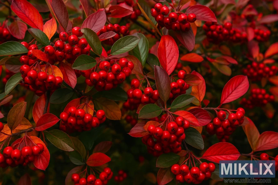 Brilliantissima röd aroniabuske med kluster av ljusröda bär och färgglada höstlöv i landskapsvy Brilliantissima röd aroniabuske med kluster av ljusröda bär och färgglada höstlöv i landskapsvy