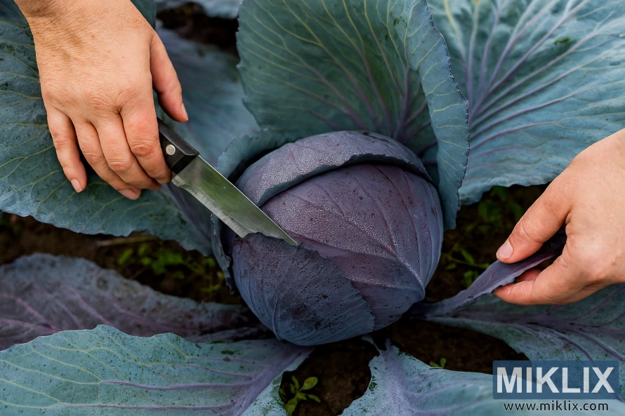 Hands cutting a mature red cabbage at its base with a knife in a garden