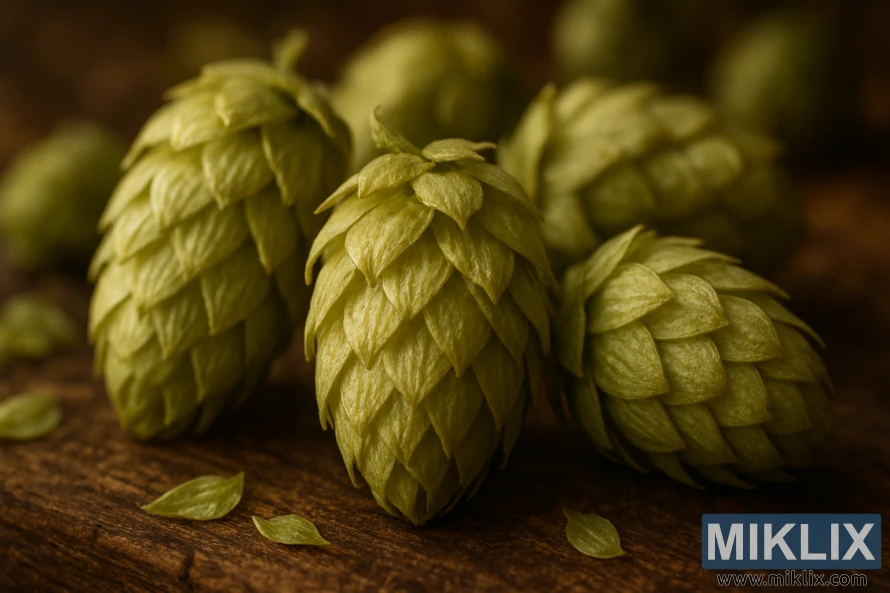 Close-up of freshly picked Viking hop cones glowing pale green with visible lupulin glands under warm golden light. Close-up of freshly picked Viking hop cones glowing pale green with visible lupulin glands under warm golden light.