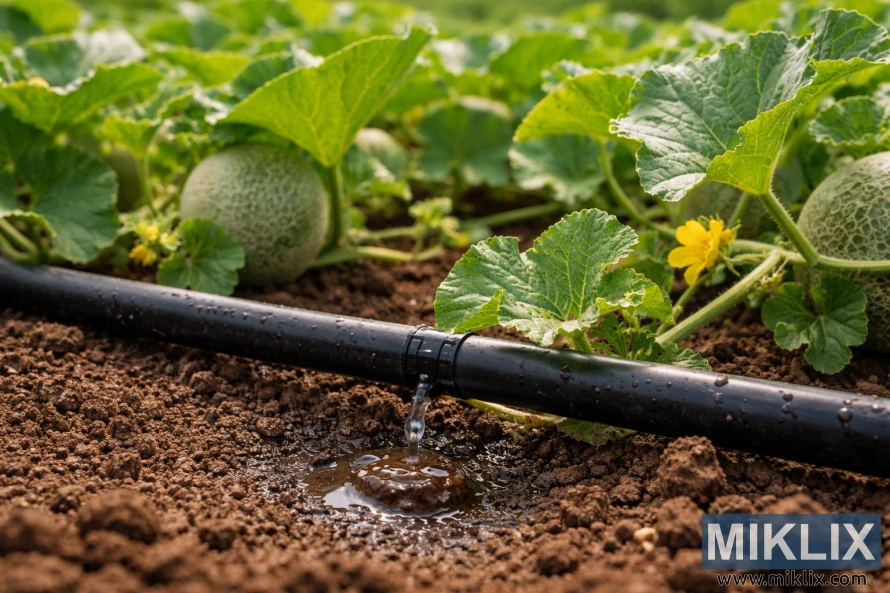 Tub ujitjeje me pika që lëshon ujë direkt në tokë në bazën e bimëve të pjeprit me gjethe jeshile, lule të verdha dhe shalqinj në zhvillim.