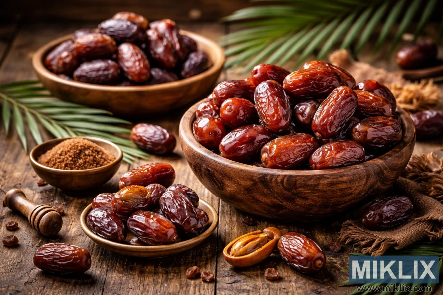 تمور طازجة ومجففة معروضة في أوعية خشبية على طاولة خشبية ريفية مع أوراق النخيل وسكر التمر