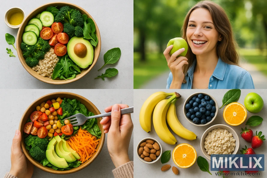 Sağlıklı beslenme için taze sebze, meyve, salata kaseleri ve tam gıdalardan oluşan kolaj.