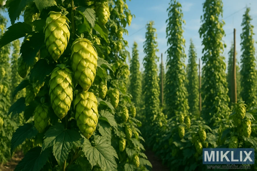 黄金色の太陽の下、緑豊かなホップ畑にある Brewer's Gold ホップの円錐のクローズアップ。 黄金色の太陽の下、緑豊かなホップ畑にある Brewer's Gold ホップの円錐のクローズアップ。