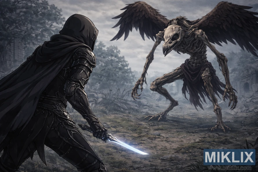 Anime style scene of a hooded Tarnished warrior in black armor seen from behind confronting a skeletal birdlike Deathbird boss in a foggy ruined landscape.