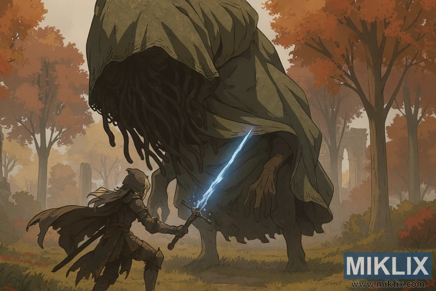 Scène de style anime d’un Sans-éclat en armure de couteau noir affrontant un Wormface imposant dans une forêt brumeuse d’automne.