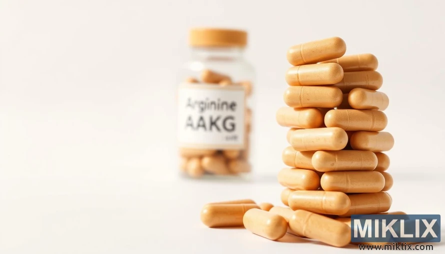 Nærbillede af AAKG-kapsler og -flaske på en ren hvid baggrund. Nærbillede af AAKG-kapsler og -flaske på en ren hvid baggrund.