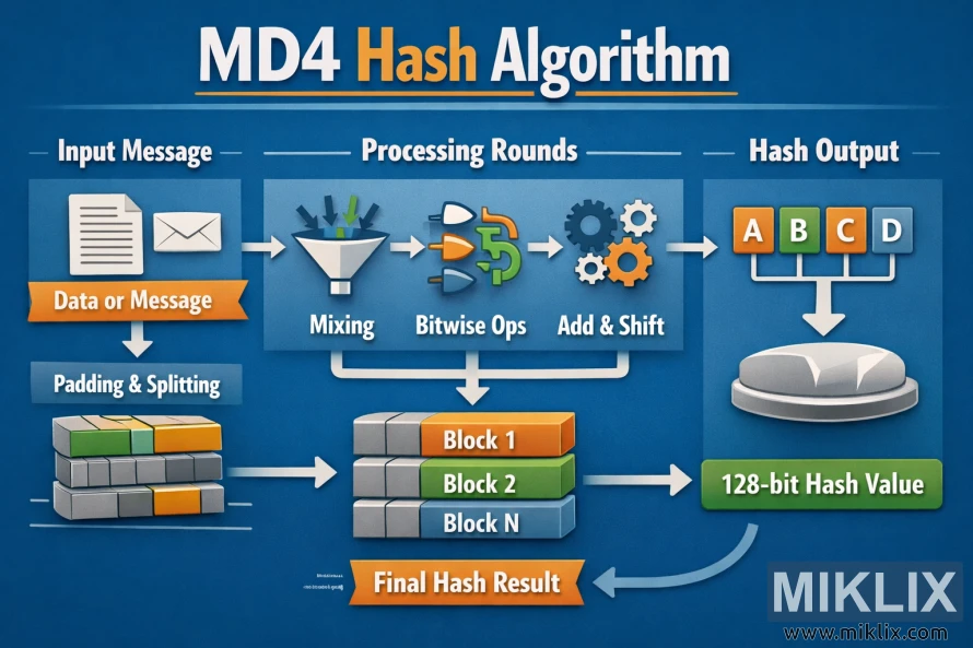 Infographic showing the MD4 hash algorithm flow from input message through processing rounds to a 128-bit hash output.