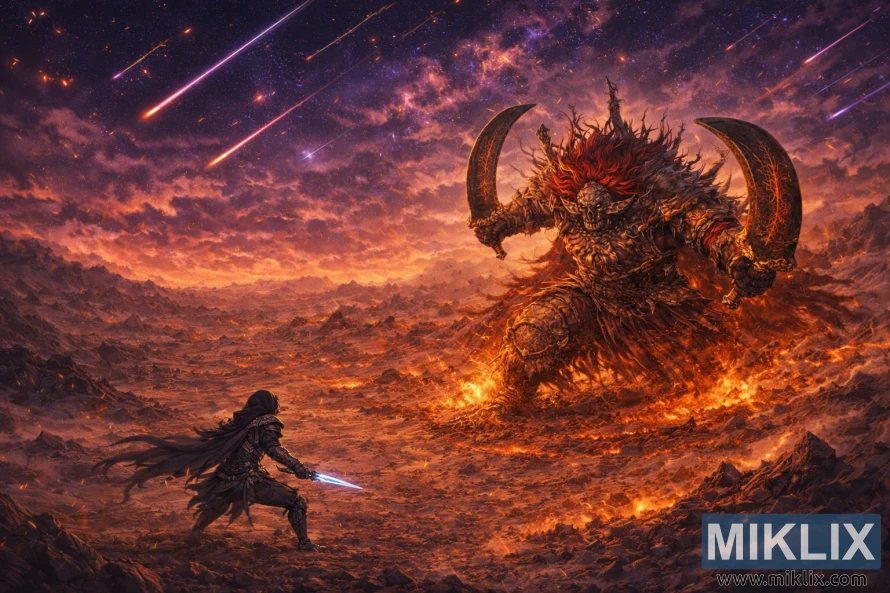 ಉಲ್ಕಾಪಾತದಿಂದ ತುಂಬಿದ ಆಕಾಶದ ಕೆಳಗೆ ಎತ್ತರದ ಸ್ಟಾರ್‌ಸ್ಕೋರ್ಜ್ ರಾಡಾನ್ ಅನ್ನು ಎದುರಿಸುತ್ತಿರುವ ಹೊಳೆಯುವ ನೀಲಿ ಕಠಾರಿಯೊಂದಿಗೆ ಟಾರ್ನಿಶ್ಡ್‌ನ ಅನಿಮೆ ಶೈಲಿಯ ಐಸೊಮೆಟ್ರಿಕ್ ದೃಶ್ಯ.