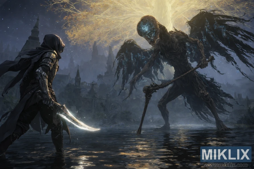 Անիմե ոճի ֆան-արտ՝ Սև դանակի զրահով Tarnished-ի պատկերով, որը ձեռնափայտով դեմ առ դեմ է բարձրացող Death Rite Bird-ի դեմ՝ Էրդթրիի տակ գտնվող ջրհեղեղված Ակադեմիայի դարպասների քաղաքում։