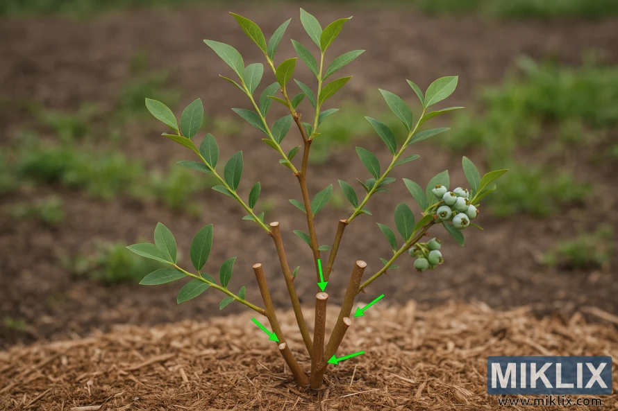 Young blueberry bush in garden soil showing correct early pruning cuts marked with green arrows on lower stems.