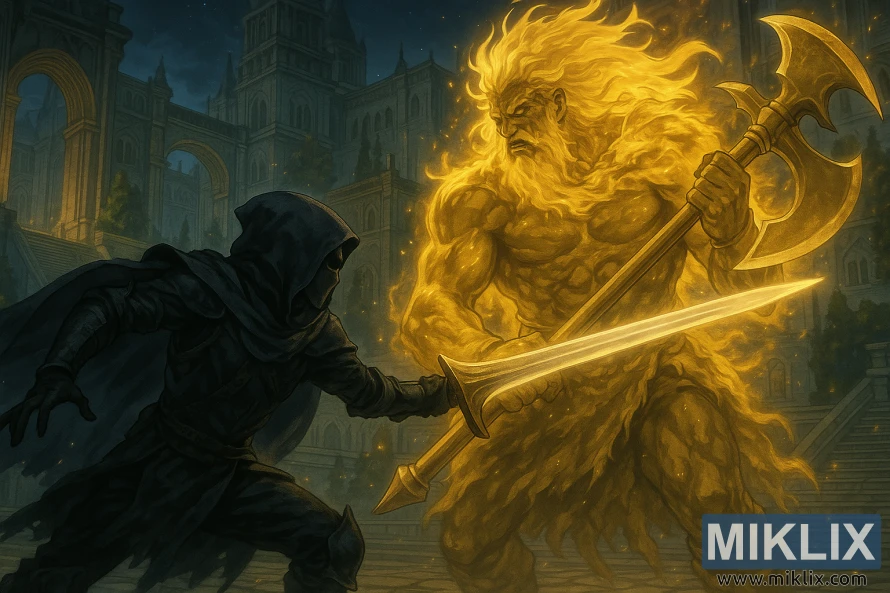 Anime-style depiction of the Tarnished in Black Knife armor fighting Godfrey, First Elden Lord, in Leyndell.