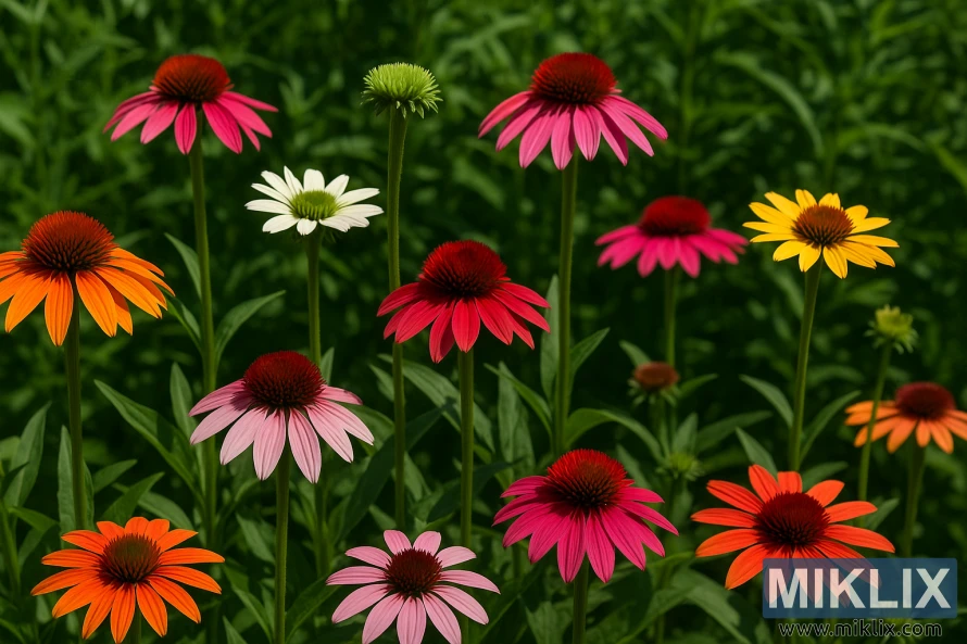 Zdjęcie krajobrazowe przedstawiające różne gatunki jeżówek Echinacea w pełnym rozkwicie w słoneczny letni dzień, z różowymi, czerwonymi, pomarańczowymi, żółtymi i białymi płatkami na tle zielonych liści. Zdjęcie krajobrazowe przedstawiające różne gatunki jeżówek Echinacea w pełnym rozkwicie w słoneczny letni dzień, z różowymi, czerwonymi, pomarańczowymi, żółtymi i białymi płatkami na tle zielonych liści.