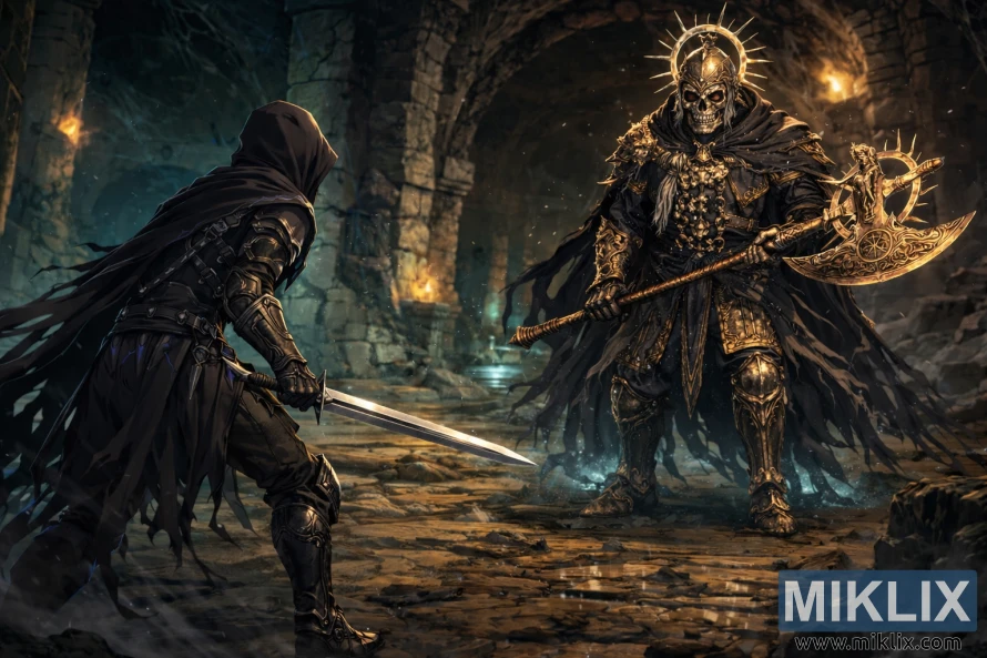 Anime style fan art of the Tarnished with a sword facing a skull-faced Death Knight wielding a golden axe in a dark Elden Ring catacomb moments before battle.