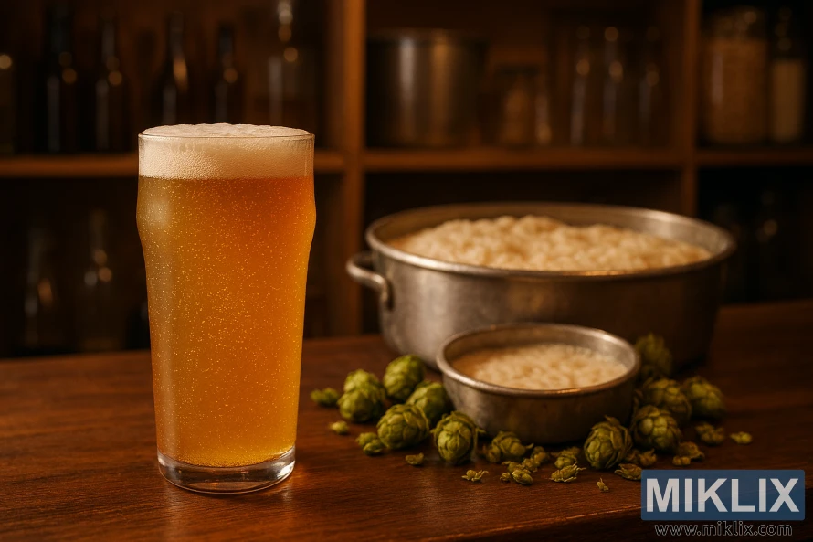 Amber beer in glass with fermentation vessel and hops on wooden bar in cozy brewery