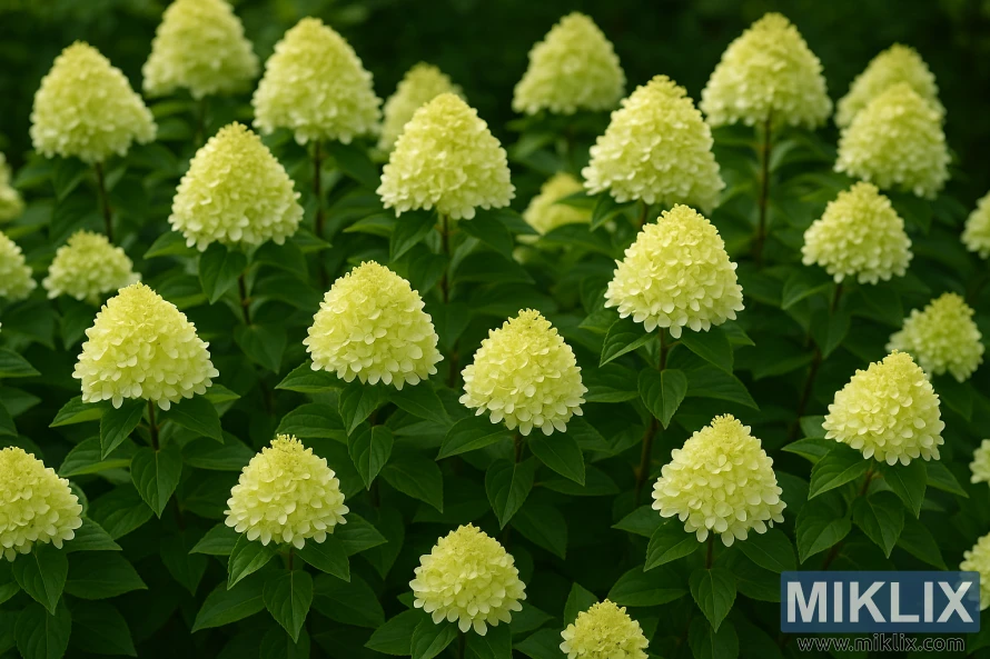 Little Lime hydrangeas with compact lime-green to creamy white conical blooms above deep green foliage.