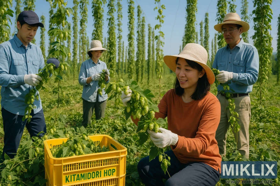 Delavci obirajo hmelj Kitamidori na zelenem polju pod jasnim nebom.