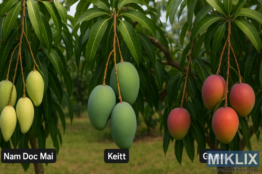 Mango trees of the Nam Doc Mai, Keitt, and Glenn varieties bearing ripe fruits in a lush orchard.