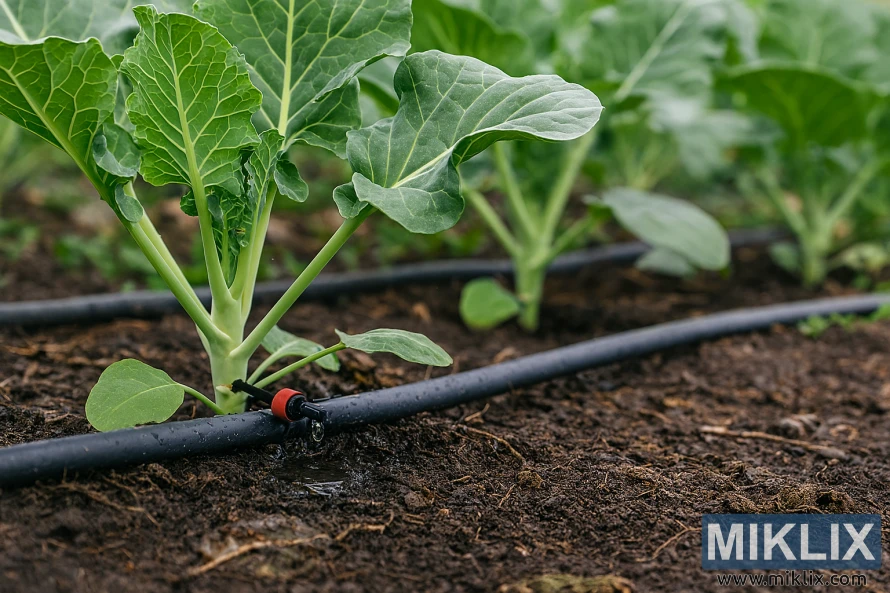 Close-up of a drip irrigation system watering broccoli plants at the base in a vegetable garden. Close-up of a drip irrigation system watering broccoli plants at the base in a vegetable garden.
