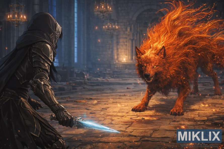 Isang istilong-anime na fan art ng Tarnished in Black Knife armor na nakaharap sa Red Wolf ng Radagon sa loob ng Raya Lucaria Academy, ilang sandali bago magsimula ang labanan.