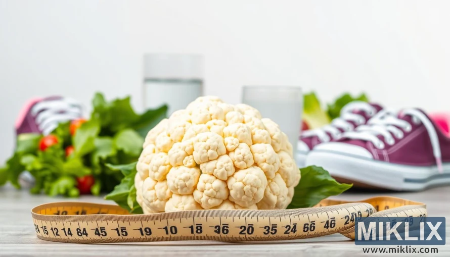 Cauliflower yenye kipimo cha mkanda, viatu, maji na saladi inayoashiria kupoteza uzito kwa afya.