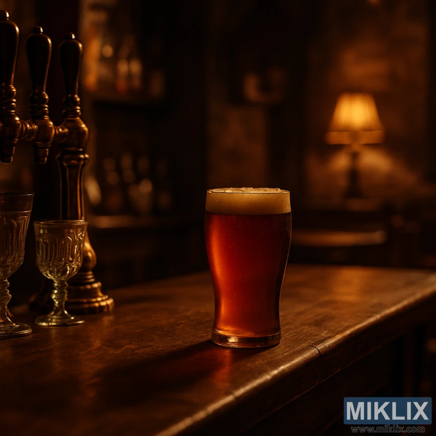 A pint of amber beer on a worn wooden bar in a dimly lit tavern with warm brass fittings and a glowing lamp in the background.