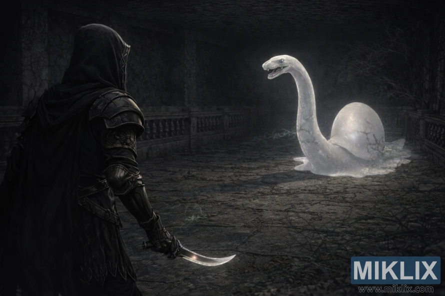 Fan art af Elden Rings Black Knife-rustningsklædte spiller, der kæmper mod Spiritcaller-sneglen i Road's End-katakomberne Fan art af Elden Rings Black Knife-rustningsklædte spiller, der kæmper mod Spiritcaller-sneglen i Road's End-katakomberne