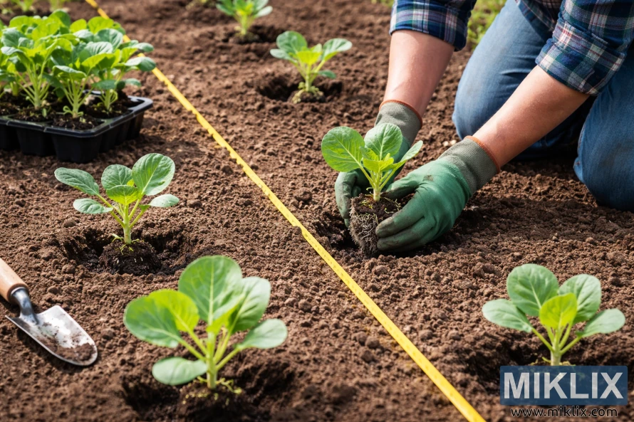 Gardener planting Brussels sprout seedlings in evenly spaced rows using a measuring tape in a prepared garden bed.