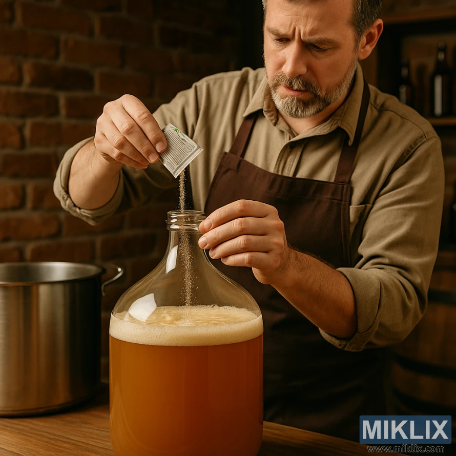 在充满比利时乡村风情的酿酒空间中,一位自酿啤酒师将干酵母倒入装满麦芽汁的玻璃发酵容器中。 在充满比利时乡村风情的酿酒空间中,一位自酿啤酒师将干酵母倒入装满麦芽汁的玻璃发酵容器中。